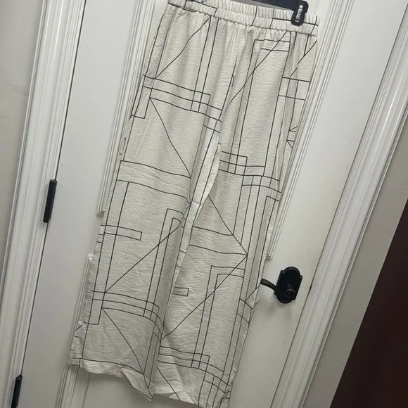 Zara cream off white wide leg geometric print pattern high rise pants trousers - Picture 7 of 7